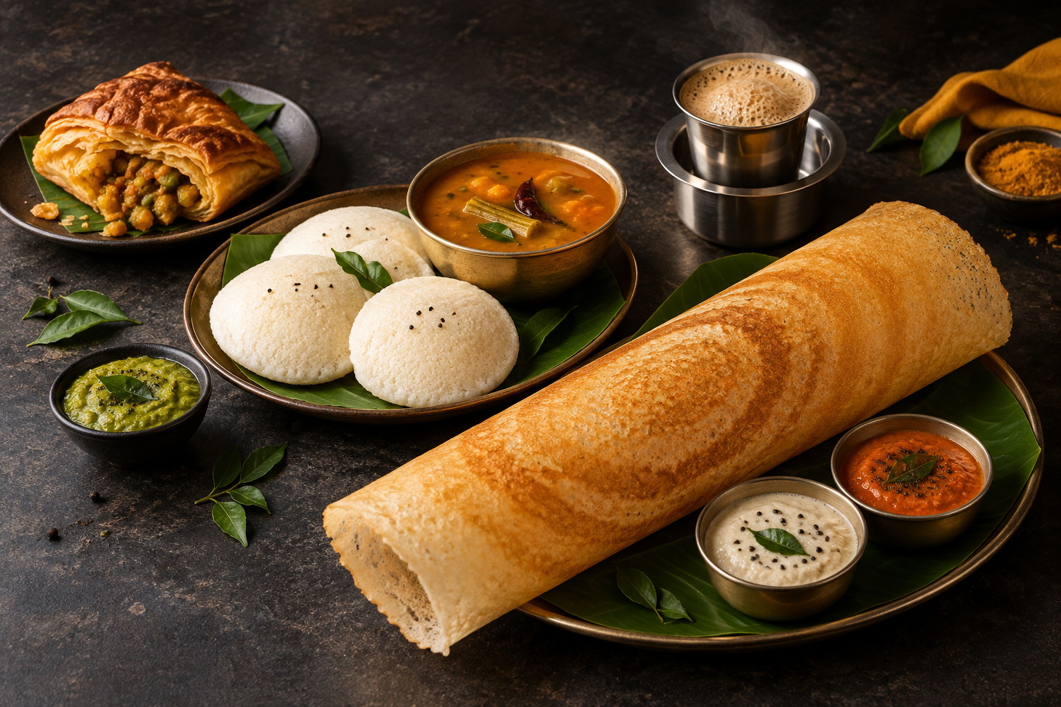 Masala dosa, idli, sambar and filter coffee